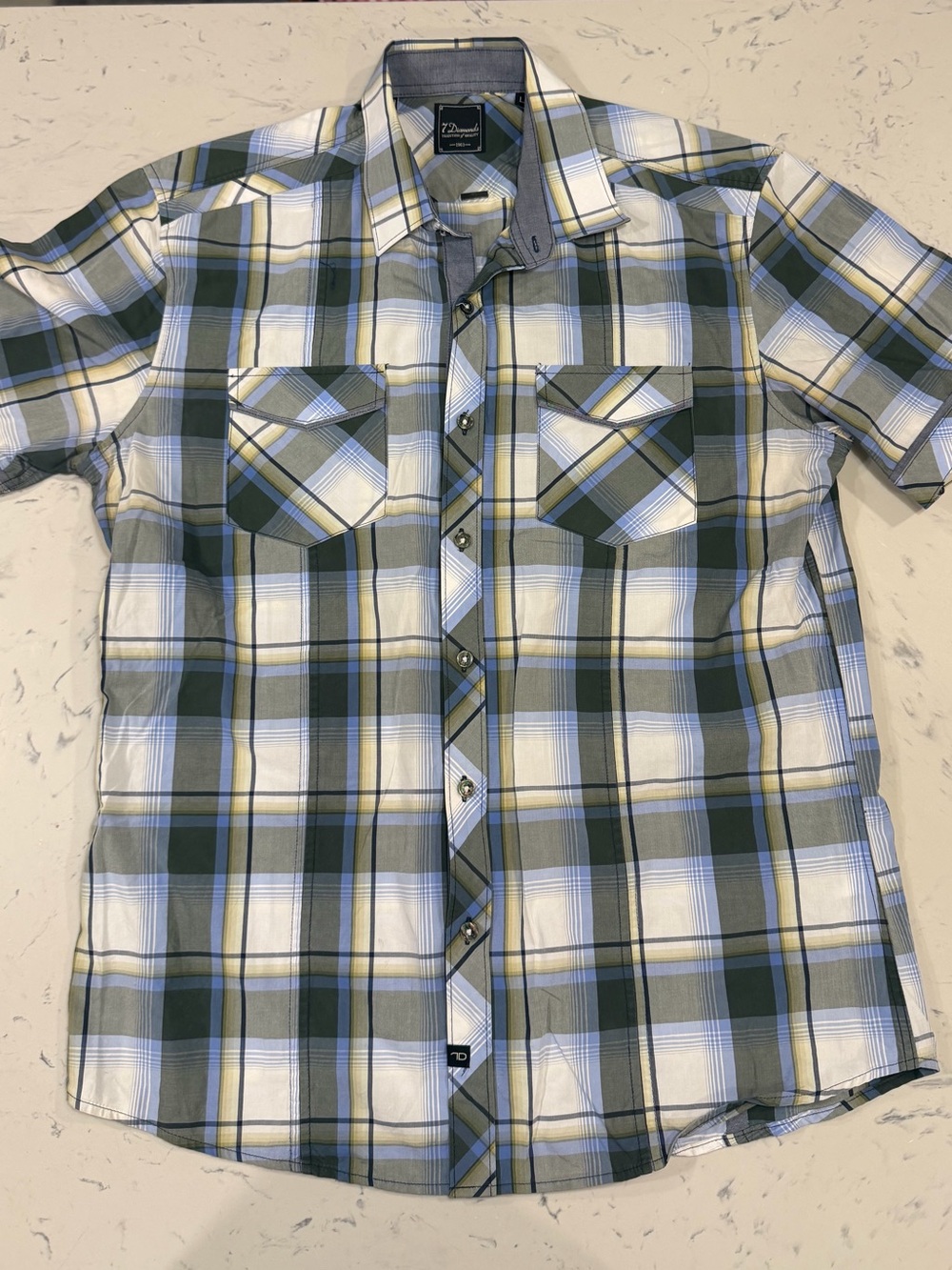 7 Diamonds Men's L 7D Button-Up Shirt, Short Sleeve Green Blue Plaid